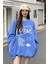 Kadın Indigo Mavi Royal Baskılı Bisiklet Yaka Salaş Uzun Kollu Oversize Sweatshirt 1