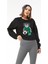 Sıfır Yaka Figürlü Kadın Kısa Sweatshirt Siyah ZN5041 4
