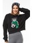 Sıfır Yaka Figürlü Kadın Kısa Sweatshirt Siyah ZN5041 2