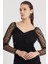 Kadın Mini Elbise Tüllü Puantiyeli V Yaka Uzun Kol %80 Pamuk %20 Polyester Kumaş/Siyah 3