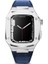 Apple Watch 44MM Uyumlu Kordon Deri Kordon Metal Kasa Korumalı Luxury Krd-67 Kayış, Lacivert-Gümüş 1