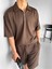Oversize Polo Yaka Fermuarlı T-Shirt Kahve 1