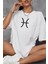 Balık Burcu Simgeli Baskılı Pamuklu Unisex Oversize Tişört 1