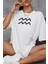 Kova Burcu Simgeli Baskılı Pamuklu Unisex Oversize Tişört 2