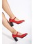 Kadın Hakiki Deri Bantlı Topuklu Ayakkabı Kırmızı 1