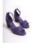 Kadın Hakiki Deri Bilekten Bağlı Topuklu Sandalet Mor 2