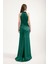 Kadın Zümrüt Yeşili Halter Yaka Yırtmaçlı Uzun Saten Abiye Elbise 5
