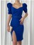 Kadın Saks Mavisi Bel Kemerli Balon Kol Kısa Kollu Krep Yırtmaçlı Midi Elbise 1