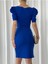 Kadın Saks Mavisi Bel Kemerli Balon Kol Kısa Kollu Krep Yırtmaçlı Midi Elbise 2