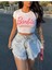 Wear And Wear Kadın Beyaz Barbie Baskılı Los Angeles Kısa Kollu Slim Fit Crop Tshirt 5