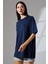 Oversize Bisiklet Yaka Pamuk Penye Kompakt Basic T-Shirt 21752 Lacivert 2