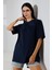 Oversize Bisiklet Yaka Pamuk Penye Kompakt Basic T-Shirt 21752 Lacivert 3