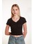 Kadın Siyah Crop Ön Yaka Büzgülü Fitilli Likralı Kollu Atlet Tshirt 2
