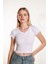 Kadın Beyaz Crop Ön Yaka Büzgülü Fitilli Likralı Kollu Atlet Tshirt 1
