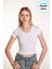 Kadın Beyaz Crop Ön Yaka Büzgülü Fitilli Likralı Kollu Atlet Tshirt 2