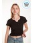 Kadın Siyah Fitted Basic Fitilli Likralı V Yaka Kollu Tshirt Atlet Bluz 4