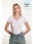 Kadın Beyaz Fitted Basic Fitilli Likralı V Yaka Kollu Tshirt Atlet Bluz 2