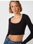 Uzun Kollu Crop Tişört Fitilli Derin Yuvarlak Yaka Pamuklu Slim Fit 2