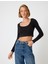 Uzun Kollu Crop Tişört Fitilli Derin Yuvarlak Yaka Pamuklu Slim Fit 3