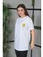 Unisex Bisiklet Yaka Baskılı Oversize T-Shirt - Beyaz 1