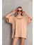 Unisex Bisiklet Yaka Baskılı Oversize T-Shirt - Bej 3