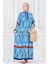 Yarım Düğmeli Robalı Ikat Desen Elbise-Mavi 2