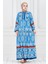 Yarım Düğmeli Robalı Ikat Desen Elbise-Mavi 3