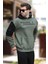 Haki Kapüşonlu Cep Detaylı Baskılı Erkek Sweatshirt 7058 2