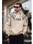 Bej Kapüşonlu Cep Detaylı Baskılı Erkek Sweatshirt 7052 1