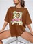 Bear Baskılı Kadın Oversize Kahverengi T-Shirt 1