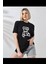 Unisex Bisiklet Yaka Baskılı T-Shirt - Siyah 1