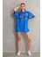 Unisex Bisiklet Yaka Baskılı Oversize T-Shirt - Mavi 1