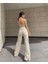 Palazzo Bej Trend Bol Paça Yüksek Bel Kadın Kot Pantolon 2