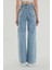 Power Likralı Kadın Açık Mavi Kar Yıkama Yüksek Bel Salaş Paça Denim Kot Pantolon 2