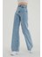 Power Likralı Kadın Açık Mavi Kar Yıkama Yüksek Bel Salaş Paça Denim Kot Pantolon 5