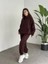 Kadın Kapşonlu Sweatshirt ve Paçası Lastikli Üç Iplik Polarlı Oversize Kahverengi Eşofman Takımı 1