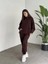 Kadın Kapşonlu Sweatshirt ve Paçası Lastikli Üç Iplik Polarlı Oversize Kahverengi Eşofman Takımı 3