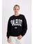 Kadın Siyah Loose Fit Bisiklet Yaka Baskılı Kalın Sweatshirt C7810AX24WN 1