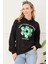 Kadın Çiçek Desenli Kapüşonlu Sweatshirt Siyah ZN5059 1