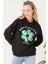 Kadın Çiçek Desenli Kapüşonlu Sweatshirt Siyah ZN5059 4