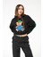 Kadın Kapüşonlu Taş Detaylı Ayıcık Baskılı Crop Sweatshirt Siyah ZN5087 4