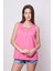 Kadın Kırışmaz Span Karışımlı Geniş Sıfır Yaka Yakası Pileli Aksesuarlı Kolsuz T-Shirt Bluz-Fujya 4