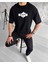 Unisex Bisiklet Yaka Baskılı Double Oversize T-Shirt - Siyah 1