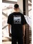 Unisex Bisiklet Yaka Baskılı Oversize T-Shirt - Siyah 3