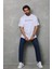 Unisex Bisiklet Yaka Baskılı Oversize T-Shirt - Beyaz 5