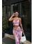 Çapraz Askılı Çiçek Desenli Lila Crop Elbise 4