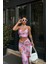 Çapraz Askılı Çiçek Desenli Lila Crop Elbise 4