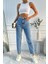 Asit Yıkamalı Kadın Yüksek Bel Mom Fit Mavi Jean Pantolon 4