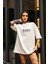 Unisex Bisiklet Yaka Baskılı Oversize T-Shirt - Beyaz 1