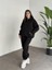 Kadın Kapşonlu Sweatshirt ve Paçası Lastikli Üç Iplik Polarlı Oversize Siyah Eşofman Takımı 1